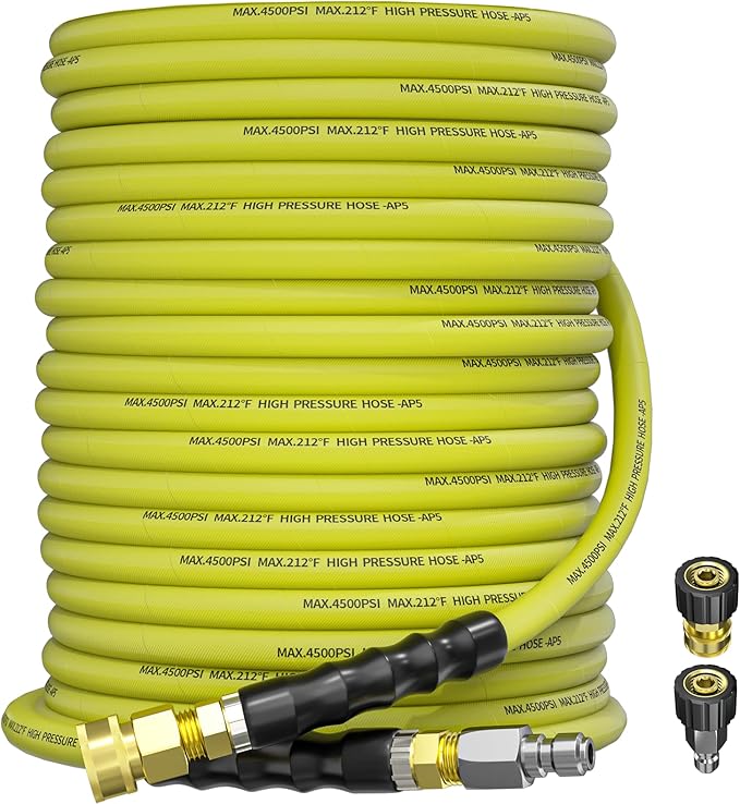 Pressure Washer Hose 100FT 3/8" for Cold and Hot Water 212°F, with Swivel Quick Connect, 4500PSI Kink Resistant Grade Steel Wire Braided, Power Washer Hose With 2pcs M22-14mm Adapter