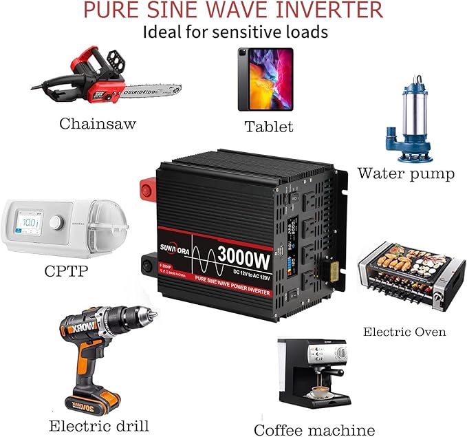 3000 Watt Pure Sine Wave Power Inverter with LCD 12V DC to 110V/120V AC Peak Power 6000W Car Power Inverter with 4 AC Outlets & 1 USB Port & Remote Control for Truck RV Car Solar System