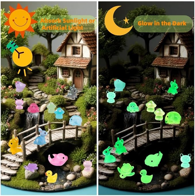100 Pcs Luminous Mini Resin Animals, Tiny Miniature Sea Animal Figurines Glow in Dark for Crafts Landscape Miniature Garden Decor Accessories, Small Duck Frog Dog Turtle 10 Combinations to Hide Bulk