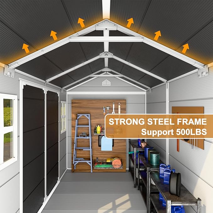 8x6 FT Resin Storage Sheds with Floor Windows, Waterproof Plastic Outdoor Shed Kit, Outside Tools Sheds for Backyard Garden Patio Lawn