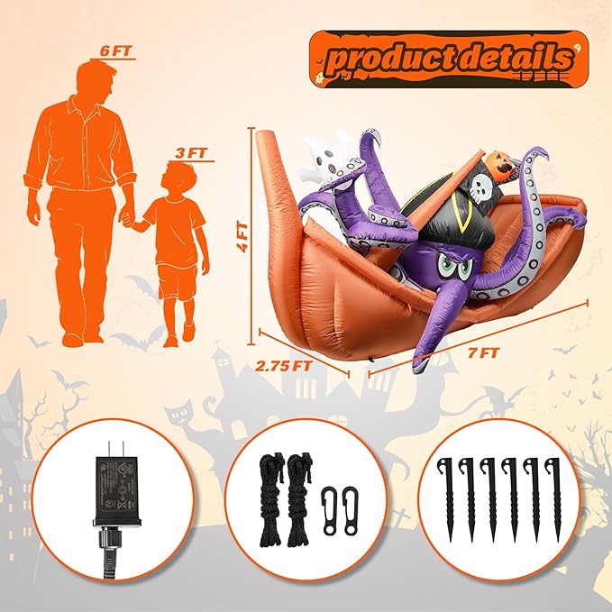VCUTEKA 7FT Halloween Inflatable Octopus Pirate Ship Pumpkin Ghosts Outdoor Decoration, Blow Up Decor with LED Lights for Holiday Party Inflatables Indoor Home Garden Lawn Yard Decorations
