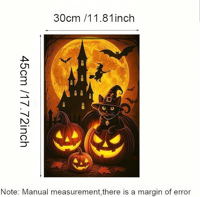 Happy Halloween Garden Flag 12x18 Inch Double Sided Black Cat Flags Pumpkin Witch Haunted Castle Banner Moon Bat Spooky Small Yard Flag for Halloween Outdoor Decoration