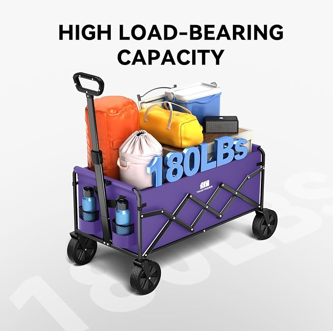 Collapsible Foldable Wagon, Foldig Cart with Wheel Heavy Duty with 180lbs Weight Capacity Lightweight Utility Camping Wagon for Groceries Garden Beach Sports Fishing(Violet)