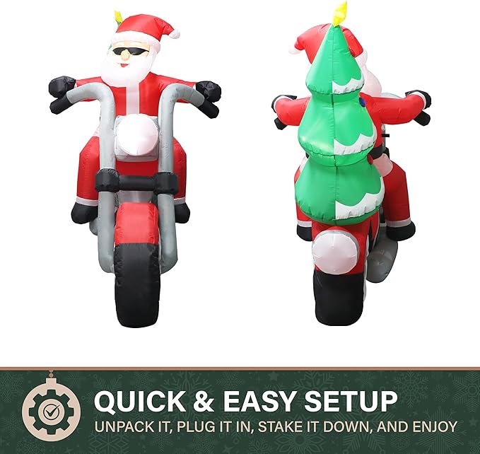 Fraser Hill Farm 7-Ft. Wide Santa on Motorcycle Blow Up Inflatable with Lights, Outdoor Christmas Inflatable Decoration for Lawn and Yard, Giant Festive Holiday Decor