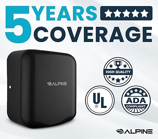 Alpine Automatic Hand Dryers for Bathrooms Commercial High Speed 110-120V Stainless Steel Electric Hand Dryer, Plug In & Hardwire Options with Air Filter, ADA & UL Compliant & 5 Years Coverage (Black)