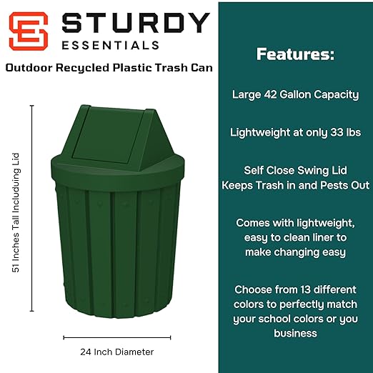 42 Gallon Round Slatted 100% Recycled Plastic Indoor or Outdoor Commercial Trash Can with Easy Access Swing Top Lid | Great for Schools and Businesses - Green
