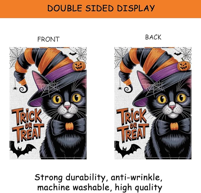HTBIG Halloween Black Cat Garden Flags, Halloween Trick or Treat Decor, Yard Flags for Outside 12x18 inch, Outside Yard for Home Decorations