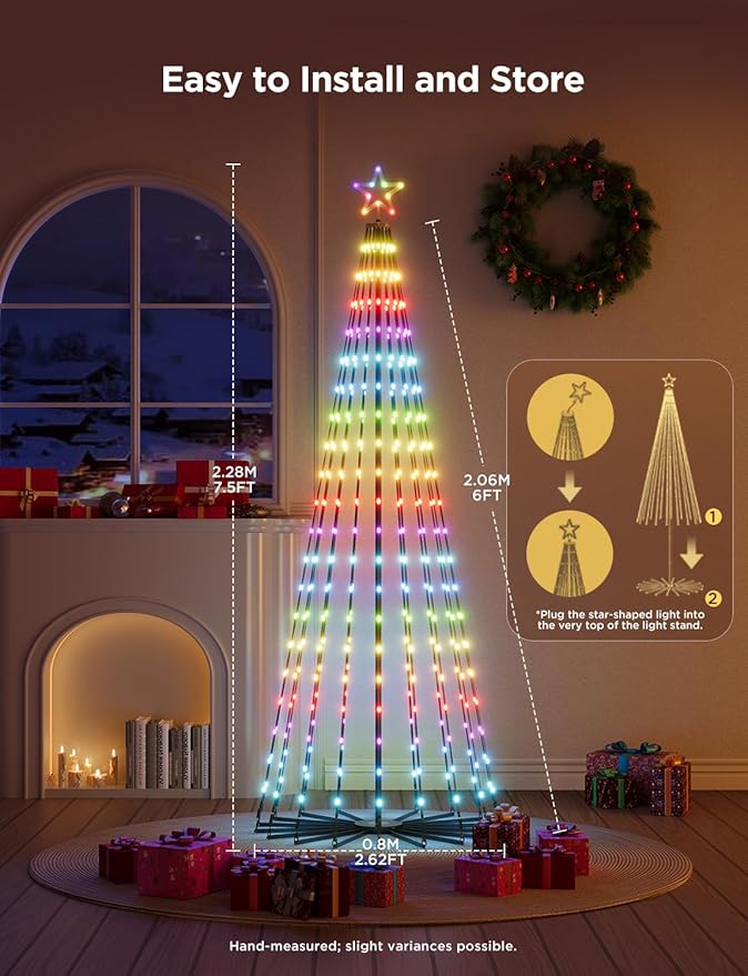 Govee Christmas Cone Tree Lights, 7.5ft 370 LEDs RGBIC Christmas Tree Lights with Smart App Control, IP67 Waterproof Outdoor String Lights for Christmas Decorations, 82+ Scene Modes, Music Sync