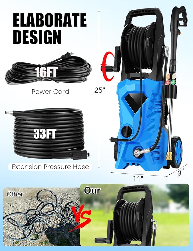 5000PSI Pressure Cleaner - 2025 New Power Cleaner with Upgraded 33ft Pressure Cleaner Hose Reel, Foam Cannon, 4 Nozzle Set, Power Cleaner for House/Patios/Car/Fence, Blue