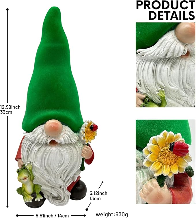 Gnome with Frog and Flower, Solar Garden Lights, Decor for Yard, Patio, Lawn - Novel Gift for Women, Mom, Friends(Green Hat Gnomes)