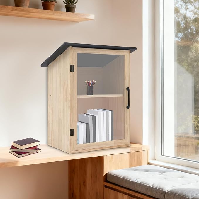 Outdoor Library Book Box - 2-Tier Literature Exchange Box Outdoor Book Storage Little Wood Cabinet with Shelf for DIY, Neighborhoods Community and Schools Sharing Books, Literature (Style 3)