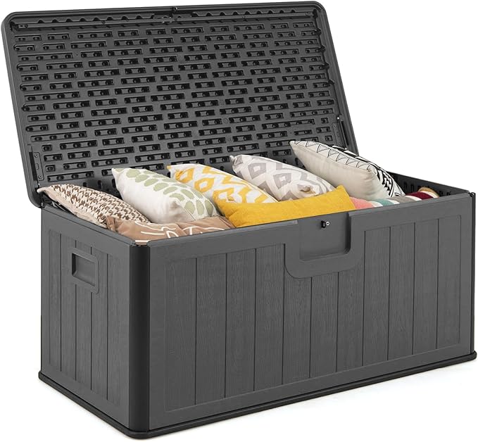Tangkula 100 Gallon Outdoor Storage Box, Resin Outdoor Storage Bench with Lockable Lid, Waterproof Deck Box for Garden Tools, Pool Accessories, Cushions
