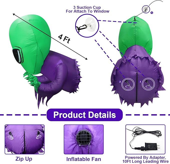 TURNMEON 4 Ft Halloween Inflatables Outdoor Decorations Alien Broke Out from Window with Built-in LED Blow Up Inflatable for Scary Halloween Decoration Party Home Indoor Outside Yard Garden Lawn Decor