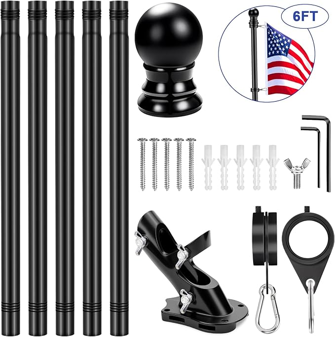 REERON Flag Pole Kit for House, 6 FT Stainless Steel Spinning Flag Pole, 1" Rustproof Porch Flagpole with 360° Metal Anti-wrap Flagpole Rings & 2-Position Bracket for Outdoor Home Sport for 3x5 Flags