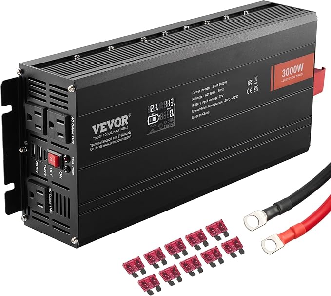 VEVOR Modified Sine Wave Inverter, 3000Watt Power Inverter DC 12V to AC 120V LCD Display with 3 AC Outlets 2 USB Port 1 Type-C Port 10 Spare Fuses, for Large Household Equipment, CE FCC Certified