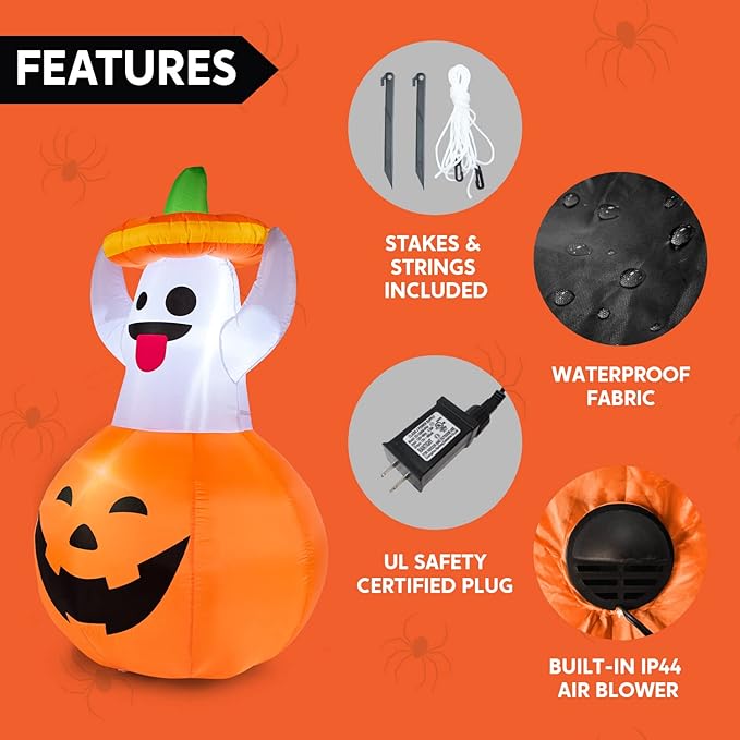 Joiedomi 5 FT Halloween Inflatable Ghost Outdoor Decorations, Blow Up Yard Decorations in Pumpkin, Blow Up Ghost Inflatable with LEDs for Cute Halloween Decor