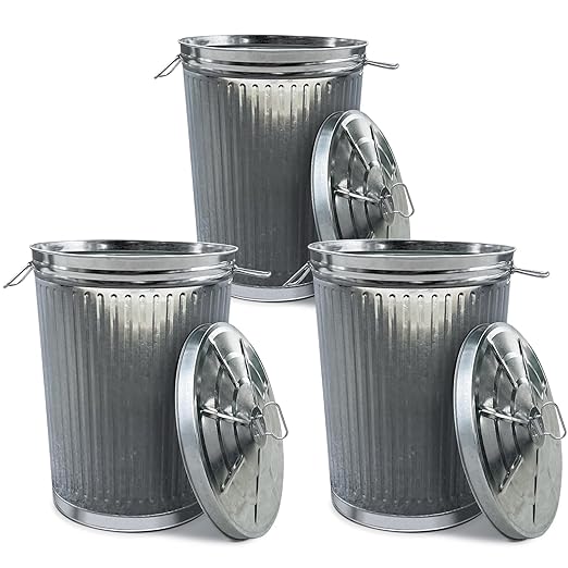 Plexon Metal Trash Can with Lid Outdoor 20 Gallon Galvanized Steel Garbage Bucket with Lid Silver, 3 Pack