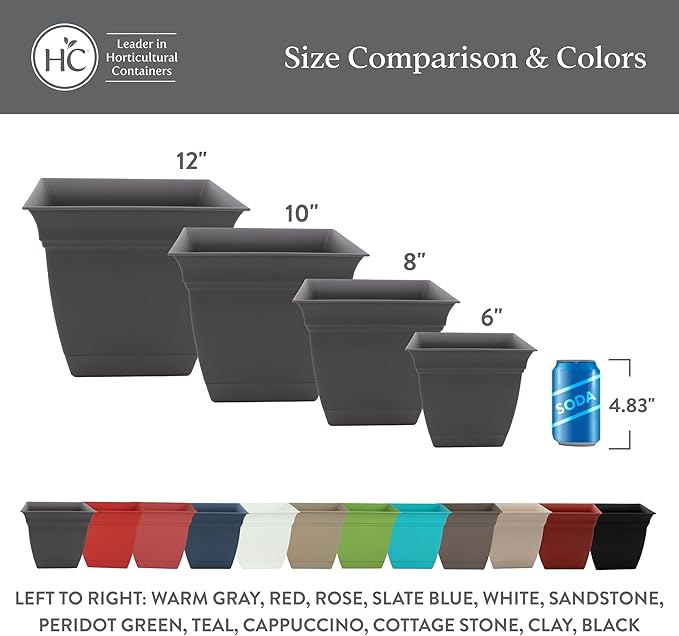The HC Companies 6 Inch Eclipse Square Planter with Saucer – Indoor Outdoor Plant Pot for Flowers Vegetables Herbs, Cappuccino (Pack of 4)
