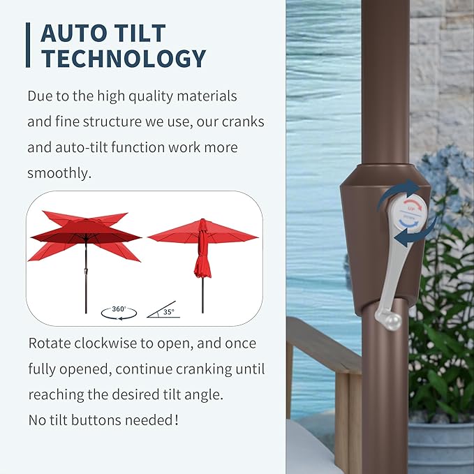 PatioKingdom Auto-Tilt 9FT Patio Umbrella Outdoor with 8 Sturdy Fiberglass Ribs,Market Table Umbrella for Pool,Backyard,Deck and Garden