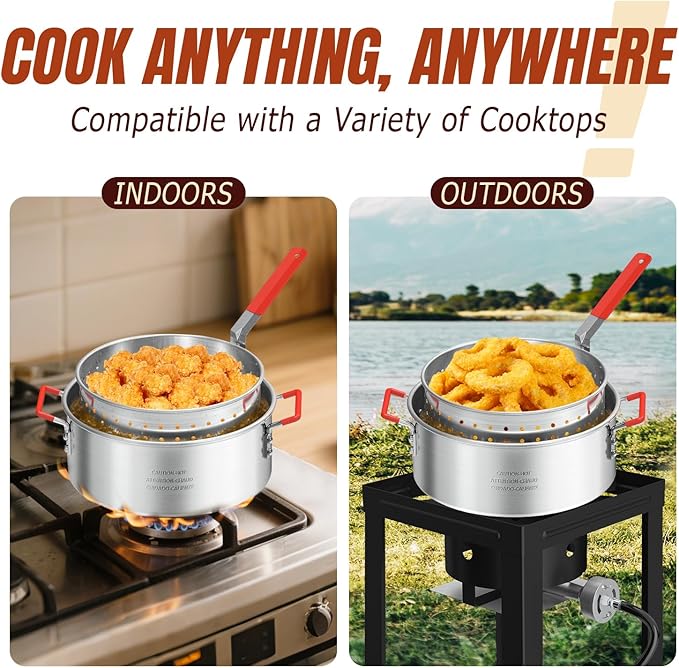 10QT Propane Fish Fryer with Lid, Cover, Fryer Tong & Thermometer, 8QT Basket for Frying Fish, Chicken Wings, French Fries, Deep Fryers with 5 PSI Regulator & 55,000 BTU Burner for Outdoor Cooking