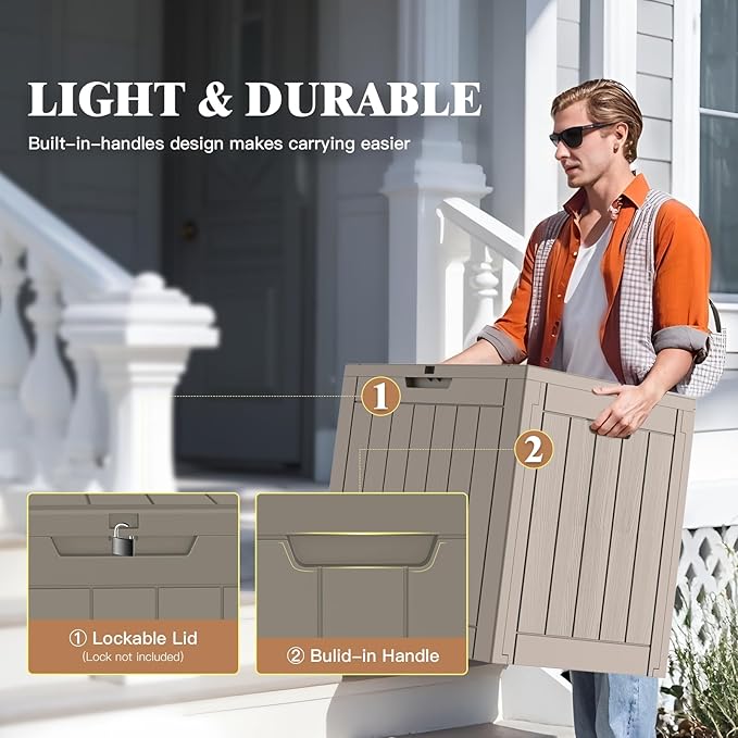 Outdoor Storage Box, Deck Box Waterproof 35 Gallon, Resin Outside Storage, Storage Bin for Package Delivery, Patio Furniture Cushion, Pool Accessories, Weatherproof and UV Resistant, Grey