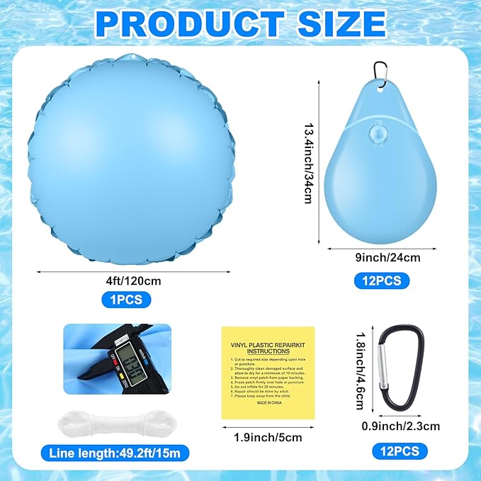 Hungdao 4ft Pool Pillow Cover for Above Ground with 12 Pcs Inflatable Pool Cover Weight with Hook Winter Ice Antifreezing Hanging Bag with Rope and Connection Buckle(Sky Blue,4ft,Round)