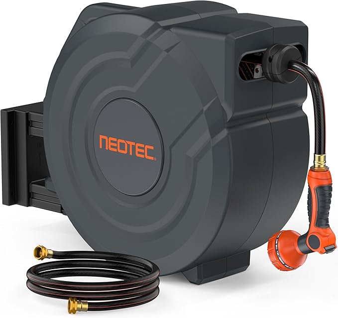 NEOTEC Retractable Garden Hose Reel 5/8 inch x 90ft - Wall Mounted Heavy Duty Hose Reel with 3/4 Inch Brass Fittings & 9-Pattern Nozzle - Auto Rewind System, Any Length Lock, 180° Swivel Bracket