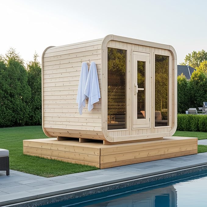 Square Outdoor Sauna, Canadian Spruce Sauna 6 Person, 220V 6KW ETL Toule Heater, Waterproof System, Large Glass Windows, Double Reinforcement, Milk White(0-195 °F)