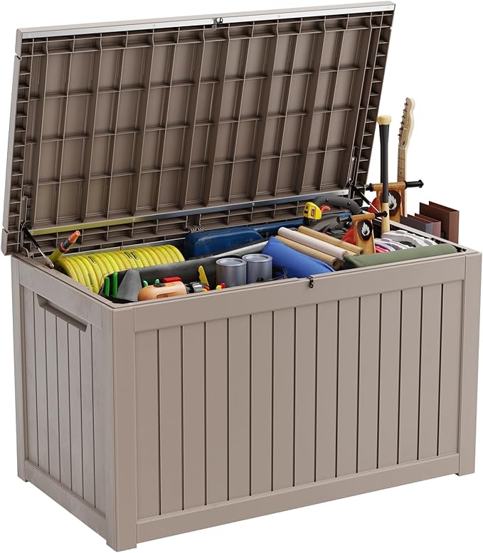 ROJIK Outdoor Storage Housing Deck Box - Waterproof Patio Furniture, Garden Tools, Cushions, Pool Accessories Storage Bench with Lockable Lid and Side Handles (Grey 238 Gal)