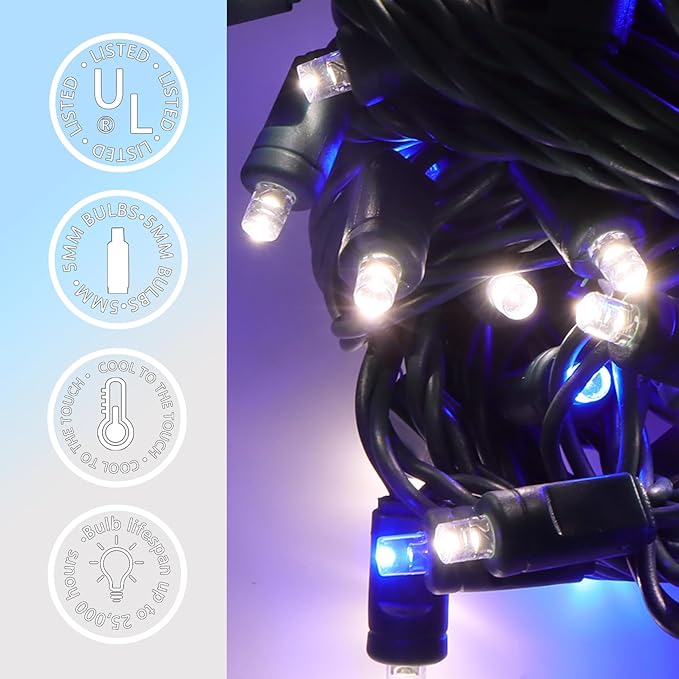 50 LED 5MM Blue and Cool White Christmas Lights, 17FT Indoor/Outdoor String Light, Mini Lights for Garden, Patio, Christmas Trees - Green Wire, Commercial Grade, UL Listed