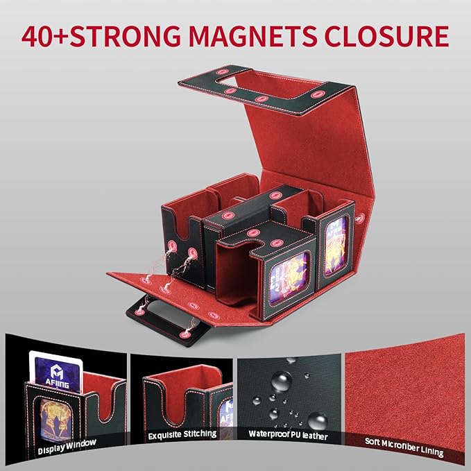 AFIING Commander Deck Box for MTG, Holds 400+ Double-Sleeved Cards, 4 Removable Deck Cases with Display Window, Dice Tray/Handle,Trading Card Storage Organizer/Dividers for TCG (Black Red)