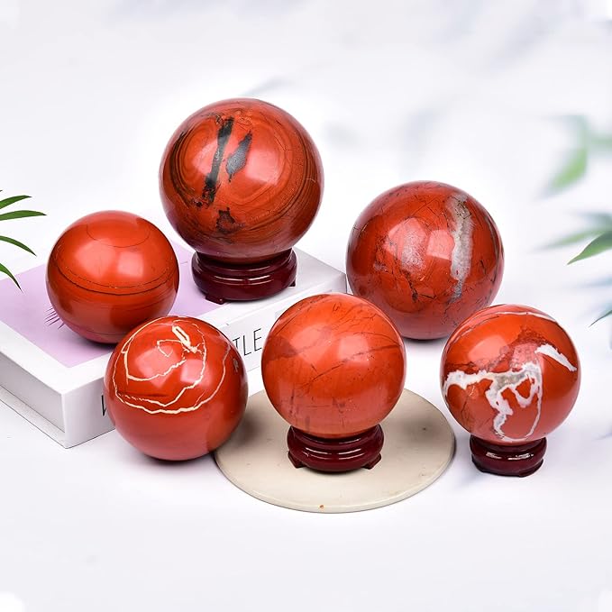 JIC Gem Red Healing Crystal Ball with Decoation Stand - Red Jasper Gemstone Sphere for Fengshui, Meditation & Energy Reiki (90-100mm)