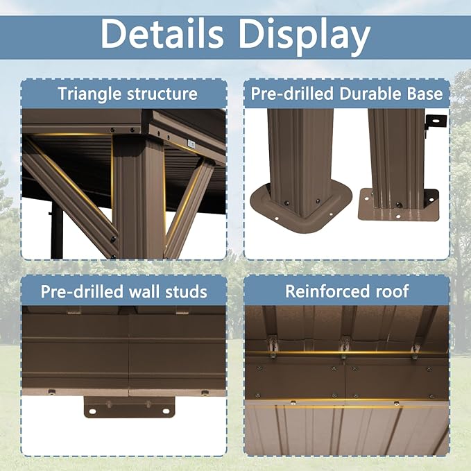 Domi 12’x20’ Wall-Mounted Hardtop Gazebo Pergola – Permanent Lean-to Outdoor Shelter with Sloped Galvanized Steel Roof & Upgraded Drainage – Gray Metal Patio Cover for Backyard, Deck, Garden, Brown