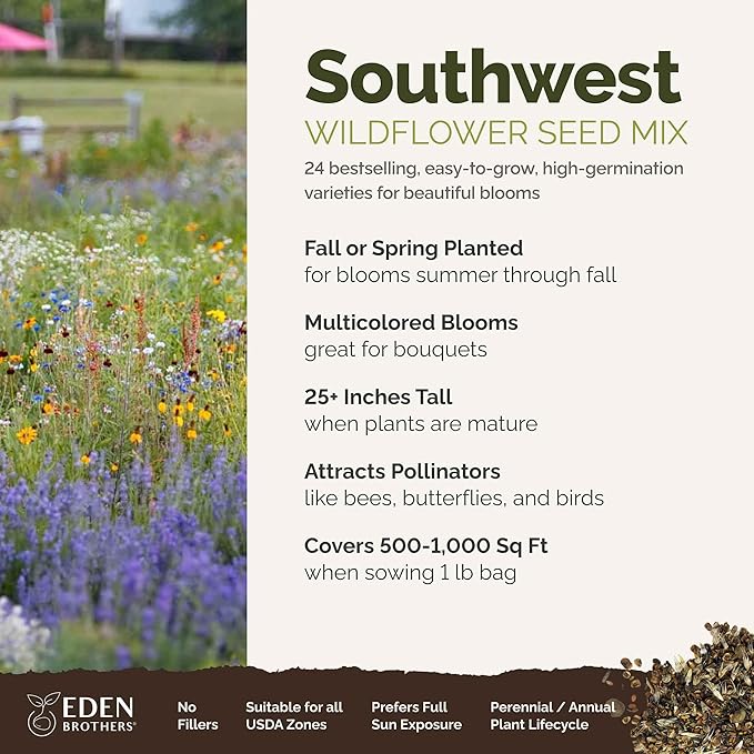 Eden Brothers Southwest Wildflower Mixed Seeds for Planting, 1 lb, 480,000+ Seeds with Cornflower, Blanket Flower | Attracts Pollinators, Plant in Spring or Fall, Zones 3, 4, 5, 6, 7, 8, 9, 10