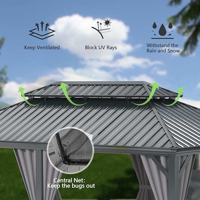 Domi 14x22FT Outdoor Gazebo, Hardtop Gazebo with Galvanized Steel Double Roof, Metal Gazebos with Drainage System Patio Pergola for Patio Deck Backyard,Curtain and Netting,Gray