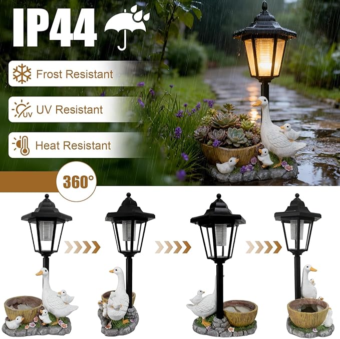 Garden Duck Statues with Solar Lantern Flowerpot Outdoor Decoration, Duck Figurines Yard Art Sculptures for Patio Lawn Backyard Porch Ornaments Unique Housewarming Birthday Gifts for Women Mom