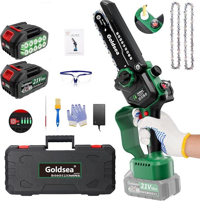 Cordless Mini Chainsaw 6 Inch, Goldsea Small Electric Chain Saws with 2 pack 2000mAh Batteries and Automatic Oiling System, Hand Saw Battery Powered Branch Cutter for Wood Cutting as Gifts for Men