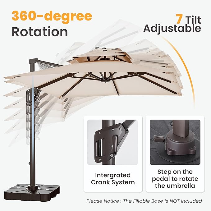 9x12 FT Cantilever Patio Umbrella Double Top Outdoor Rectangular Large Heavy Duty Aluminum Offset Umbrellas with 7 Level Tilt 360-degree Rotation for Pool Garden Deck, Beige