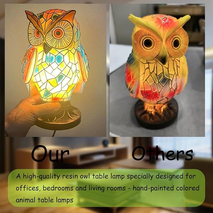 Tiffany Style Owl Table Lamps - Hand-Drawn Vintage Resin Colorful Tiffany Owl Lamp for Bedroom Living Room Nursery Office, Whimsical Animal Desk Lamp, Unique Gift for Mom.