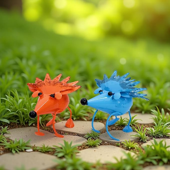 Cute Metal Hedgehog Statues (4PCS) Garden Figurines Outdoor Yard Ornaments for Patio Lawn Flower Beds Farmhouse Home Decor