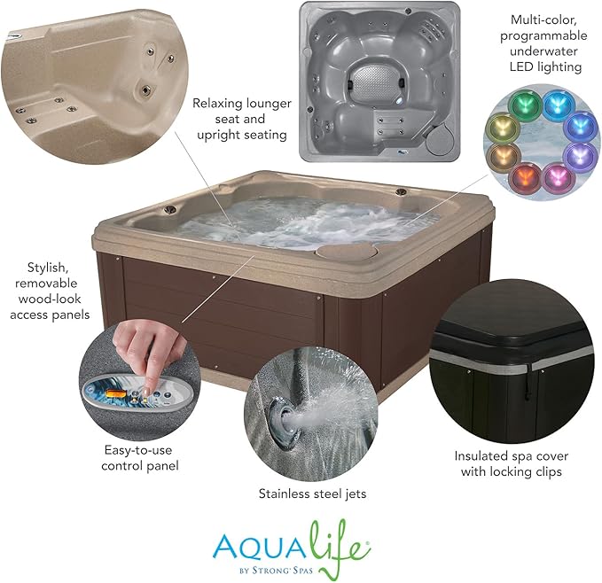 Inland 6 Person Indoor Outdoor Hot Tub, Plug & Play Spa, 24 Jets, LED Lighting System, Insulated Spa Cover, Made in USA, Aqualife by Strong Spas