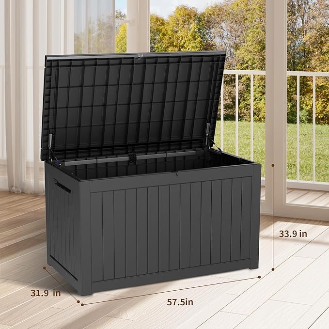 DRATO 280 Gallon Deck Box, Outdoor Large Waterproof Resin Storage Box with Lockable Lid for Patio Cushions, Gardening Tools, Black