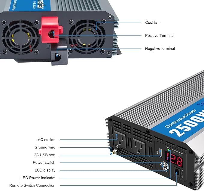 2500 Watt Inverter Pure Sine Wave RV Truck Solar Inverter 2000W Inverter DC to AC 12 V to 120V Inverter for Home RV Vehicles soalr Panels Converter 12V to 110V with Remote Controller
