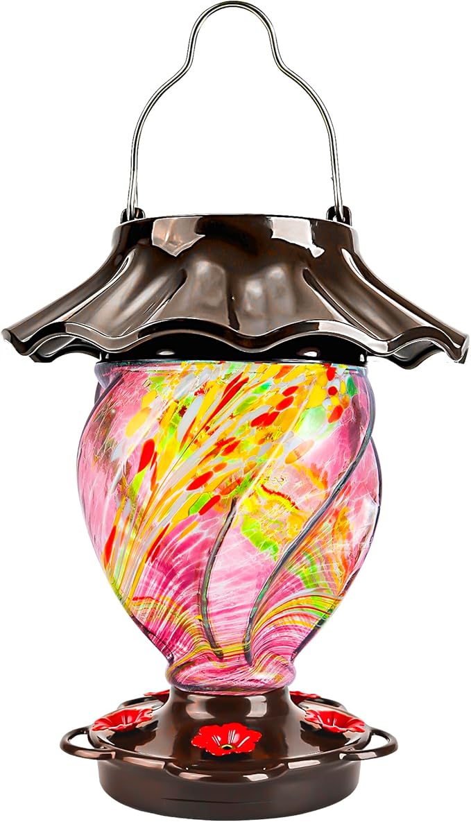 LUJII Solar Powered Color Changing Hummingbird Feeder for Outdoors Hanging, Hand Blown Glass, 35 fl.oz, Never Leak, Illuminated Lantern for Garden Decor, for Bird Lovers, Purple
