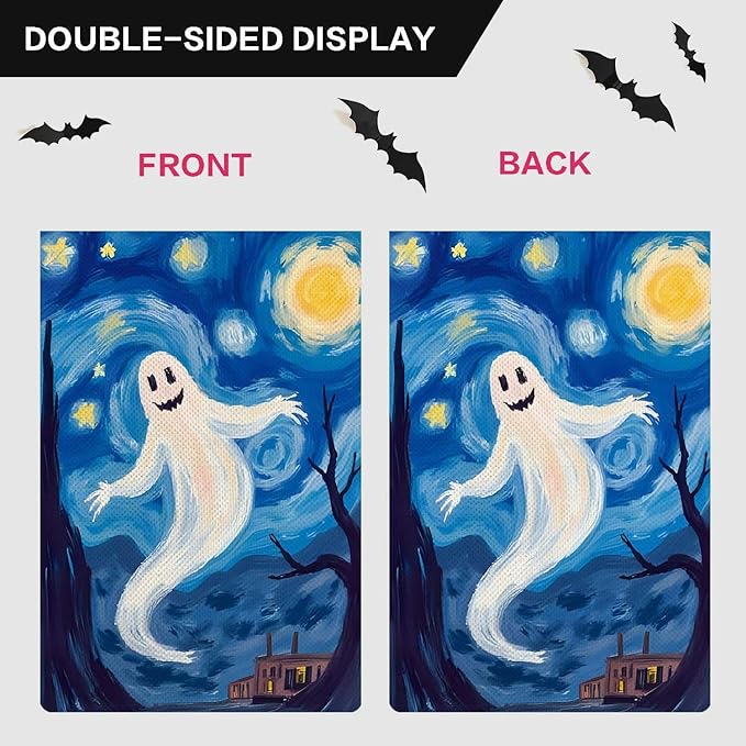Starry Night Ghost Garden Flag Halloween Holiday Garden Flag Vertical Double Sided Rustic Farmland Burlap Yard Lawn Outdoor Decor 12.5x18"