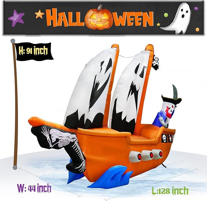 10FT Length Halloween Pirate Ship Inflatable with Pirate, Halloween Decorations Outdoor Inflatable Pirate Ship Built-in 5 LEDs and 4 RGB Lights for Pirate Halloween Decorations Outdoor