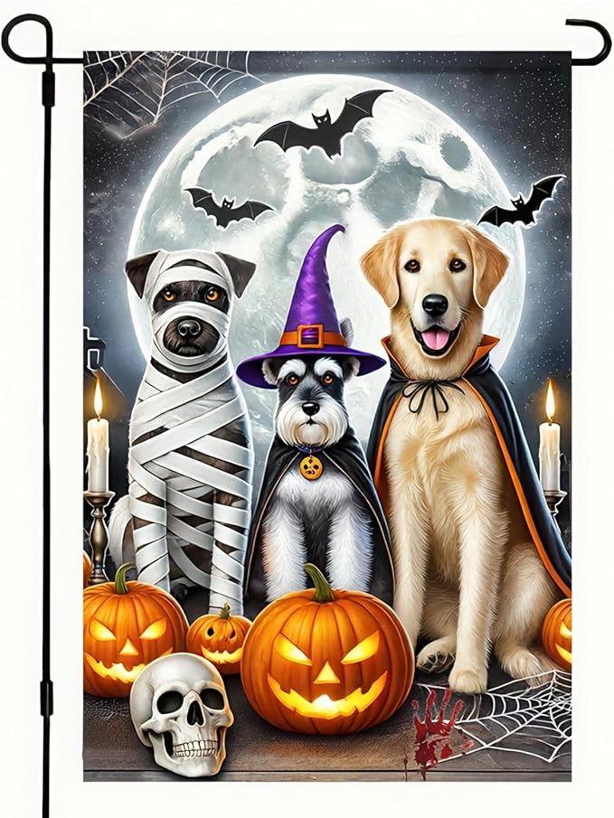 Halloween Garden Flag 12x18 Flag Double Sided Dogs Cat Garden Flag Witch Hats Pumpkins And Full Moon Cute And Spooky Outdoor Yard Lawn Decoration Banner
