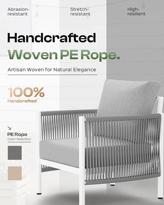 Aluminum Outdoor Patio Furniture Set, HDPE Rope 4 Piece Modern Sectional Conversation Sets with Dual-Layer Coffee Table, All Weather Patio Couch Set with Thick Cushions, White Frame, White