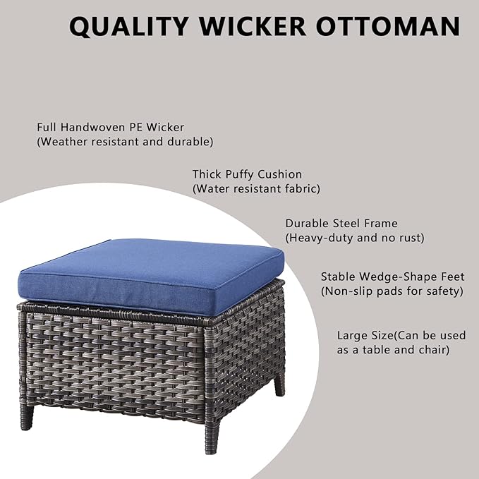 Rilyson Wicker Outdoor Patio Furniture Set - 5 Piece Patio Conversation Sets with Swivel Rocker Chairs, Ottomans and Side Table, 6 inch Cushions, Waterproof Wicker, for Porch Deck Mixed Grey/Blue