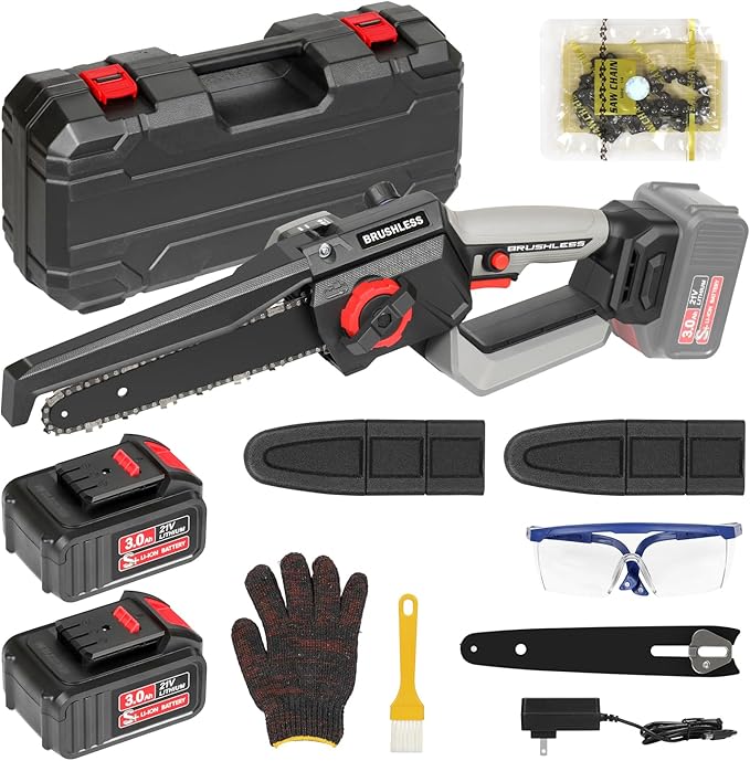 8 Inch Mini Chainsaw, 1150W 5000RPM Brushless Handheld Electric Chain Saw with Chain Guide Plate 2x3.0A Batteries And Other 6 Accessories